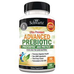 BSZ023 | White bottle labeled BioSchwartz Ultra Premium Advanced Prebiotic, 60 capsules 30 day supply