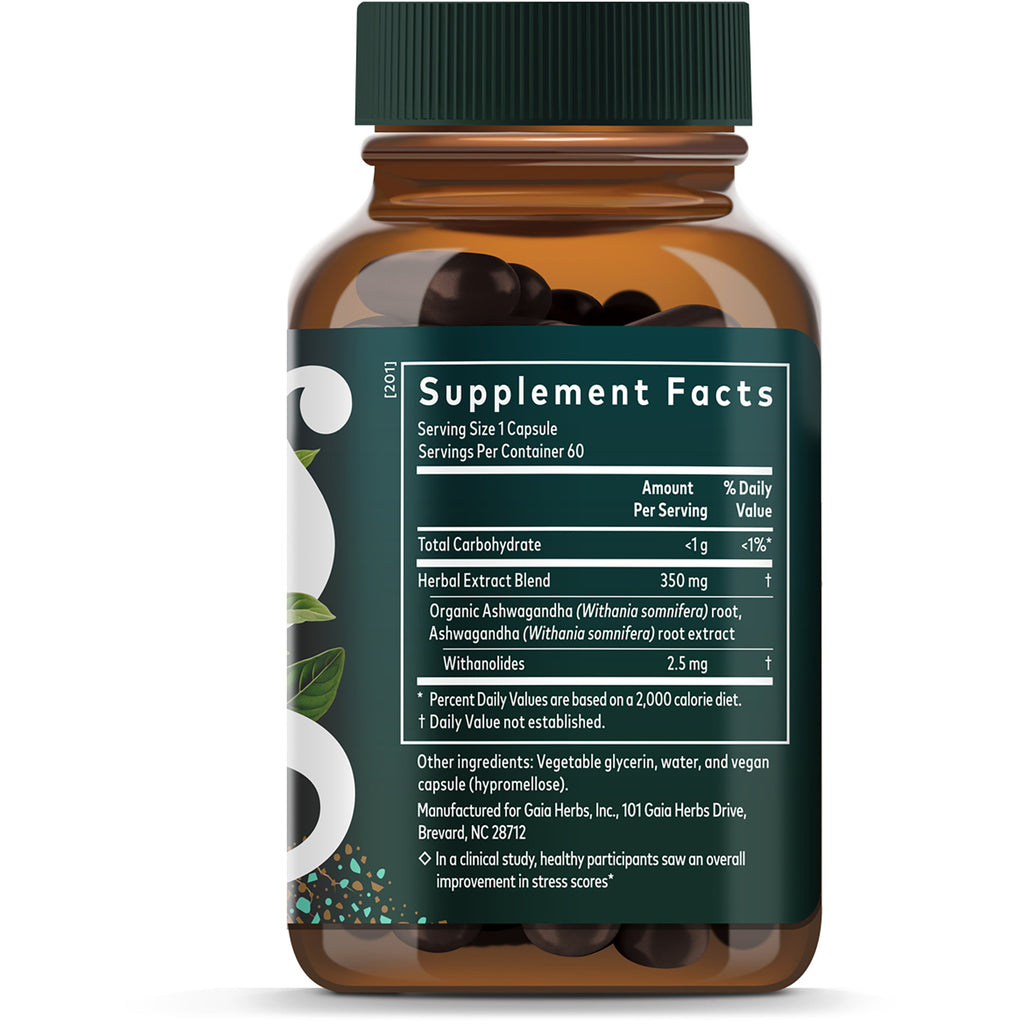 Supplement facts and suggested use panel on back of dark green Ashwagandha capsule box showing serving size, ingredients, and warnings - Thumbnail