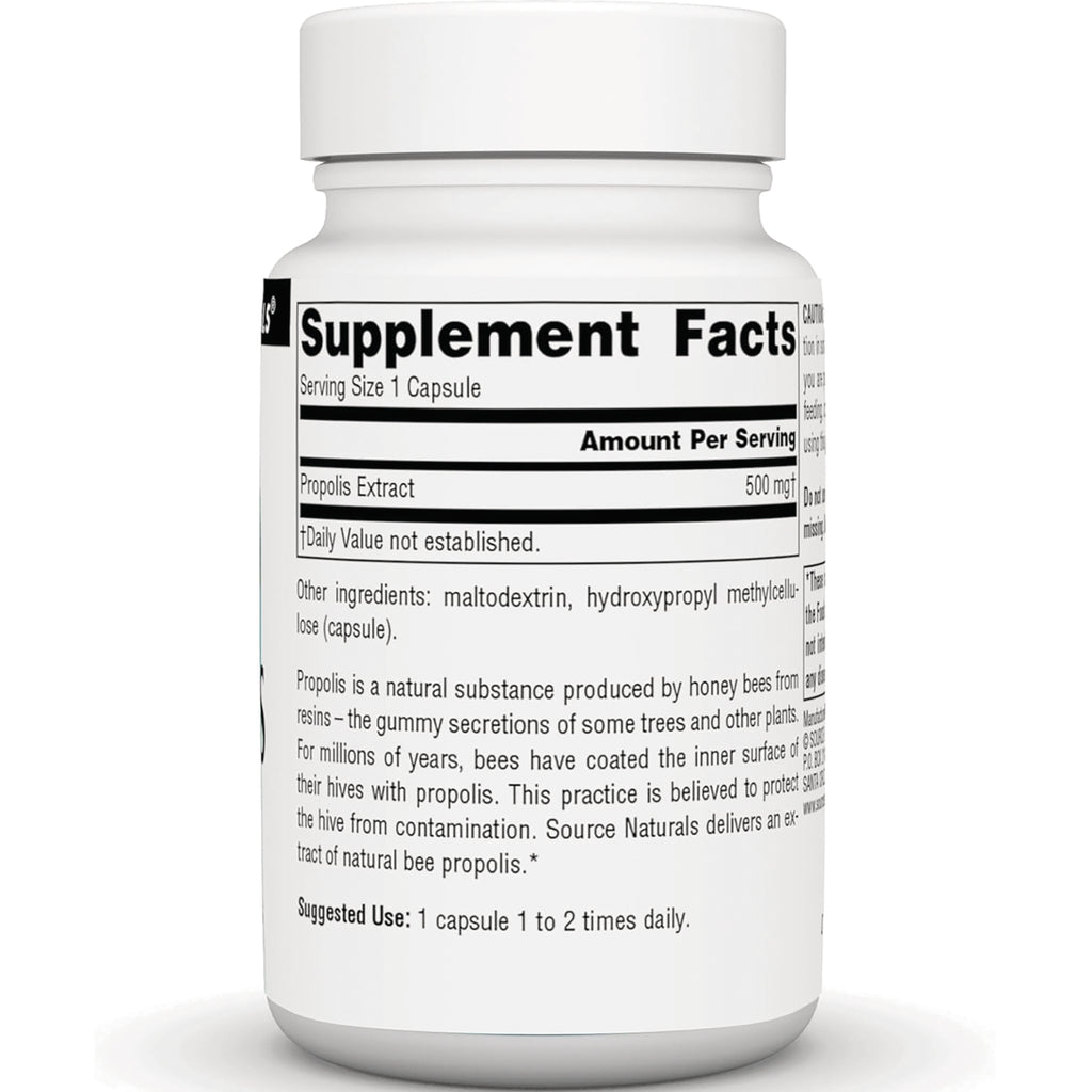 SN360 | Back label showing Supplement Facts for Propolis Extract 500 mg, serving size 1 capsule - Thumbnail