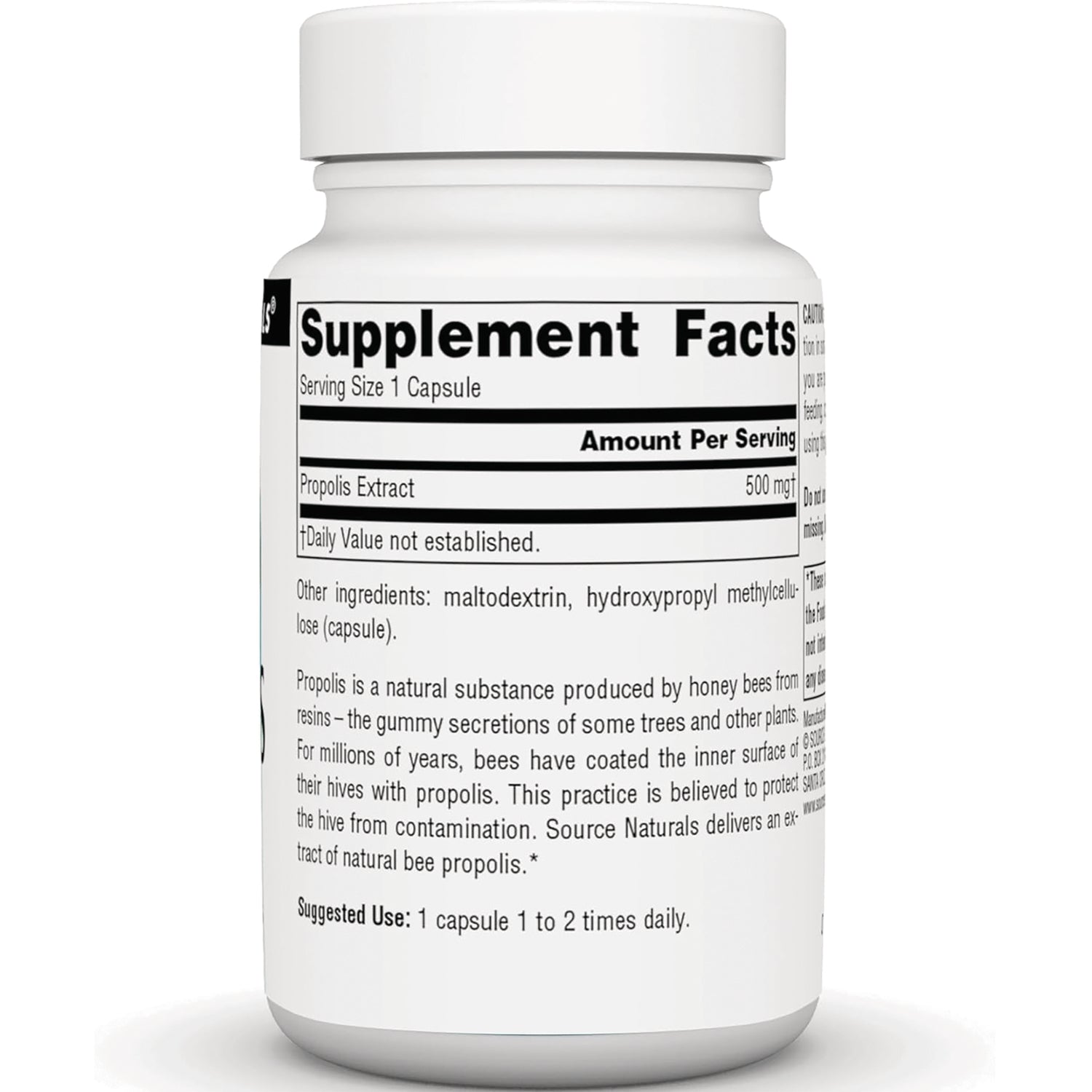 SN360 | Back label showing Supplement Facts for Propolis Extract 500 mg, serving size 1 capsule