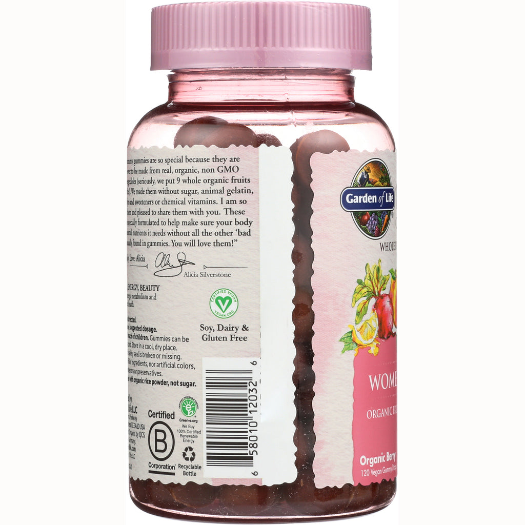 GLF239 | back label of pink-lidded gummy vitamin bottle showing barcode, ingredient text, soy, dairy & gluten free seal and visible gummies - Thumbnail