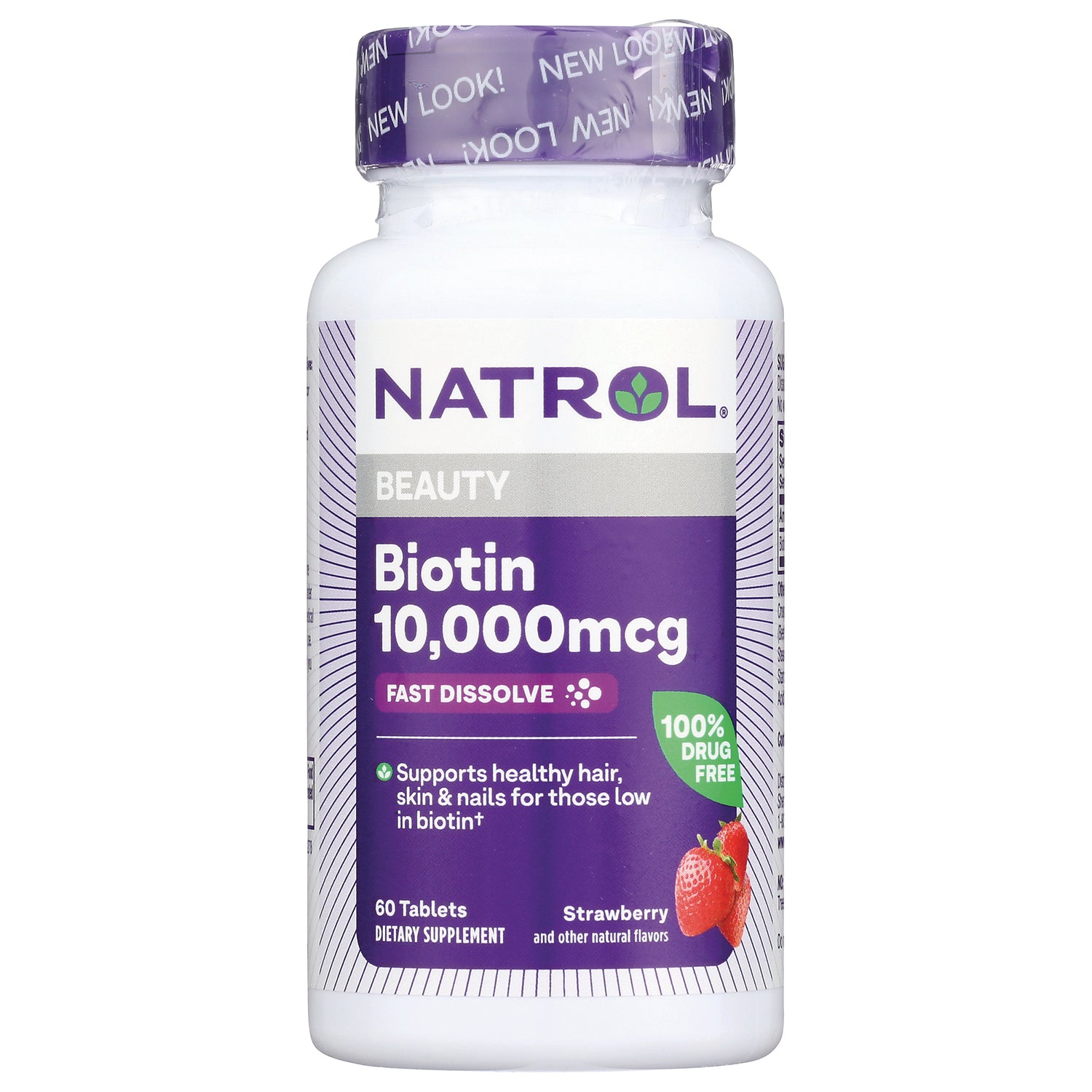 NA555 | Natrol Biotin 10,000 mcg fast dissolve tablets, strawberry flavor, 60-count white bottle