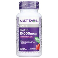 NA555 | Natrol Biotin 10,000 mcg fast dissolve tablets, strawberry flavor, 60-count white bottle