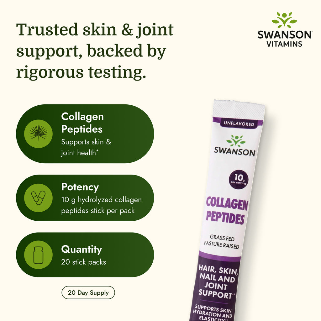 SW1968 | Swanson Vitamins collagen peptides infographic with skin and joint support, potency, and quantity details - Thumbnail