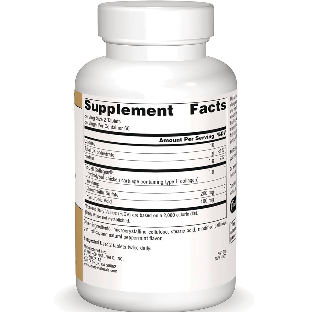SN316 | Back label with Supplement Facts panel, serving size 2 tablets, BioCell Collagen, chondroitin, hyaluronic acid - Thumbnail