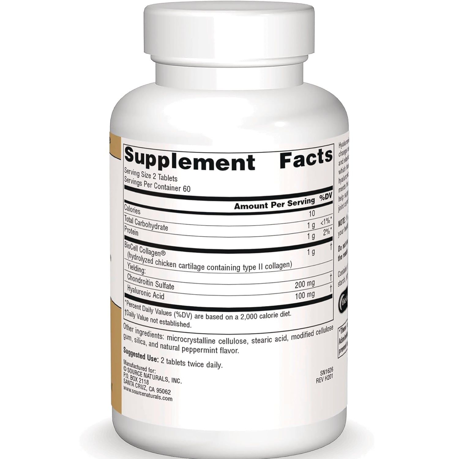 SN316 | Back label with Supplement Facts panel, serving size 2 tablets, BioCell Collagen, chondroitin, hyaluronic acid