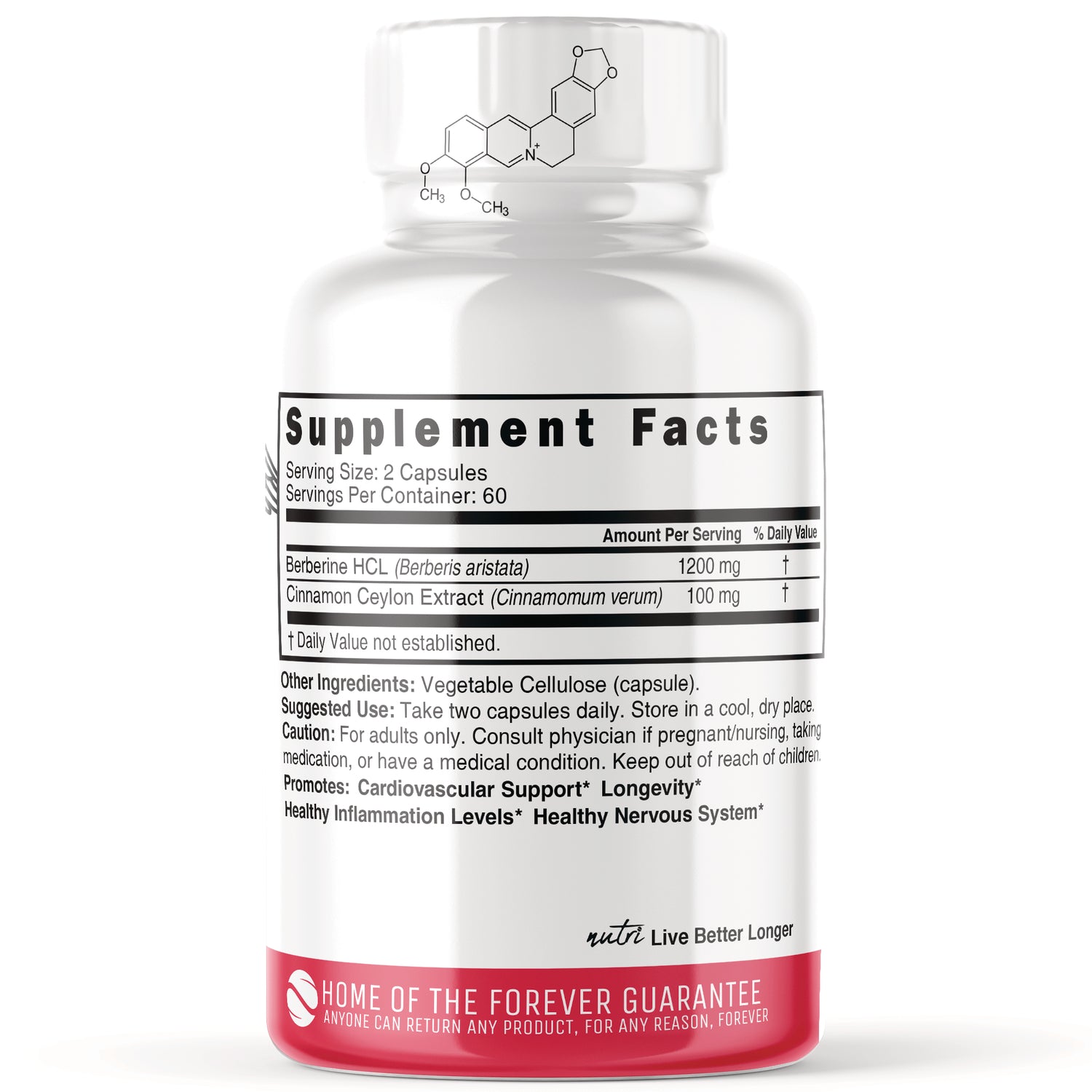 NFU001 | Back of white supplement bottle showing Supplement Facts label with serving size 2 capsules and ingredient amounts