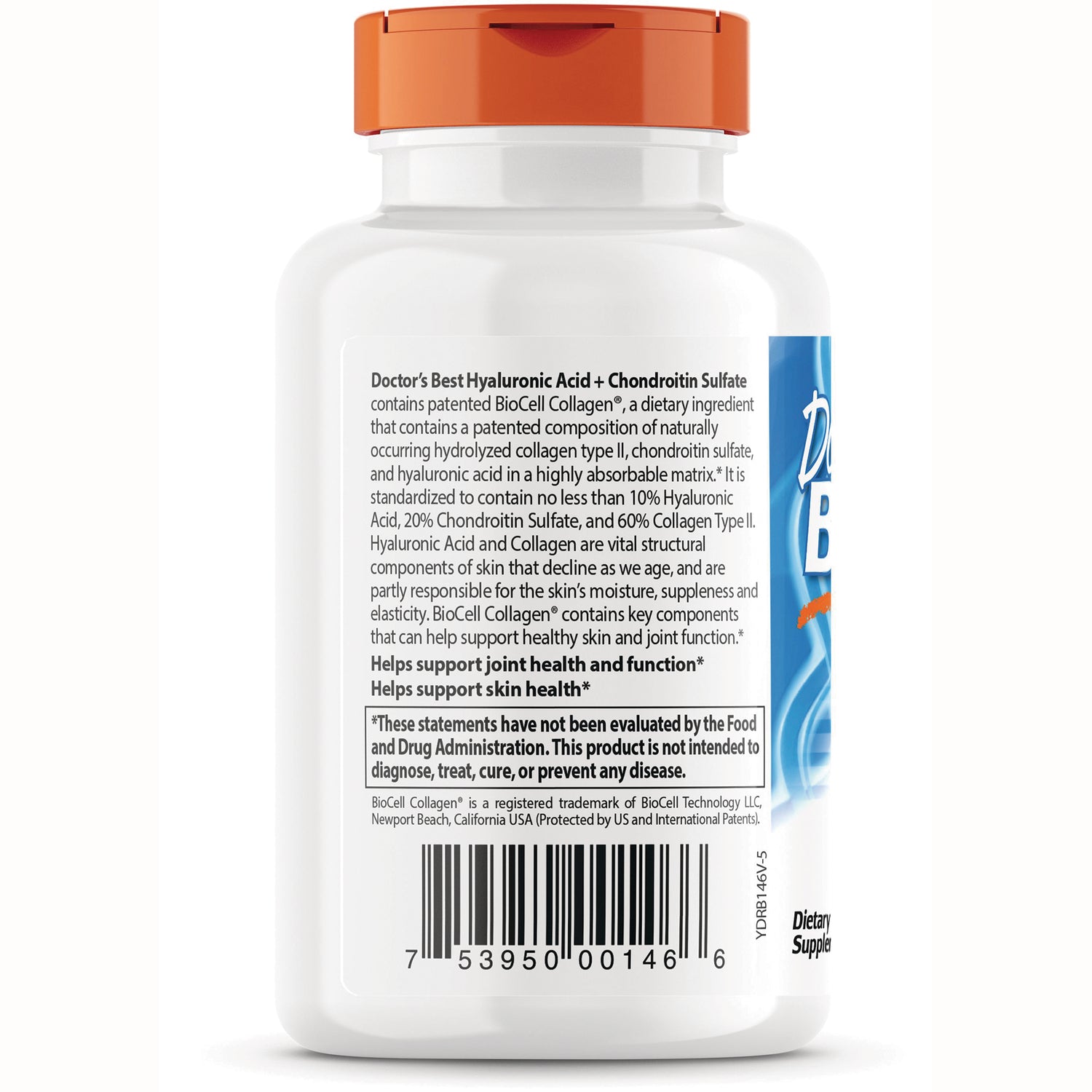 DB083 | back label of white supplement bottle showing ingredients, claims, FDA disclaimer and barcode