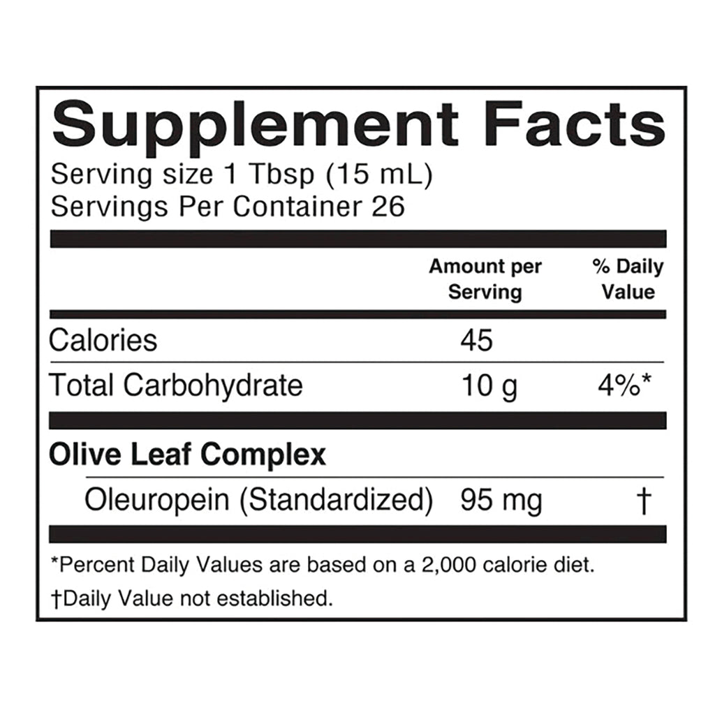 BAR065 | Supplement Facts label showing serving size 1 Tbsp (15 mL), 26 servings, 45 calories, 10 g carbs, Olive Leaf Complex Oleuropein 95 mg - Thumbnail