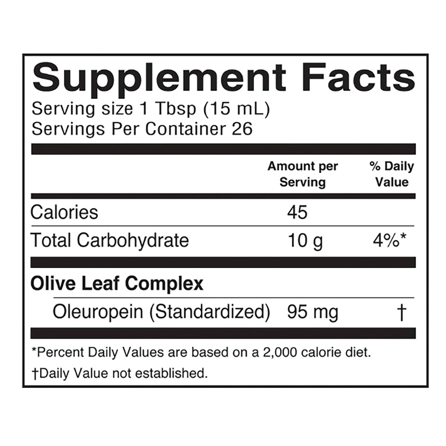 BAR065 | Supplement Facts label showing serving size 1 Tbsp (15 mL), 26 servings, 45 calories, 10 g carbs, Olive Leaf Complex Oleuropein 95 mg