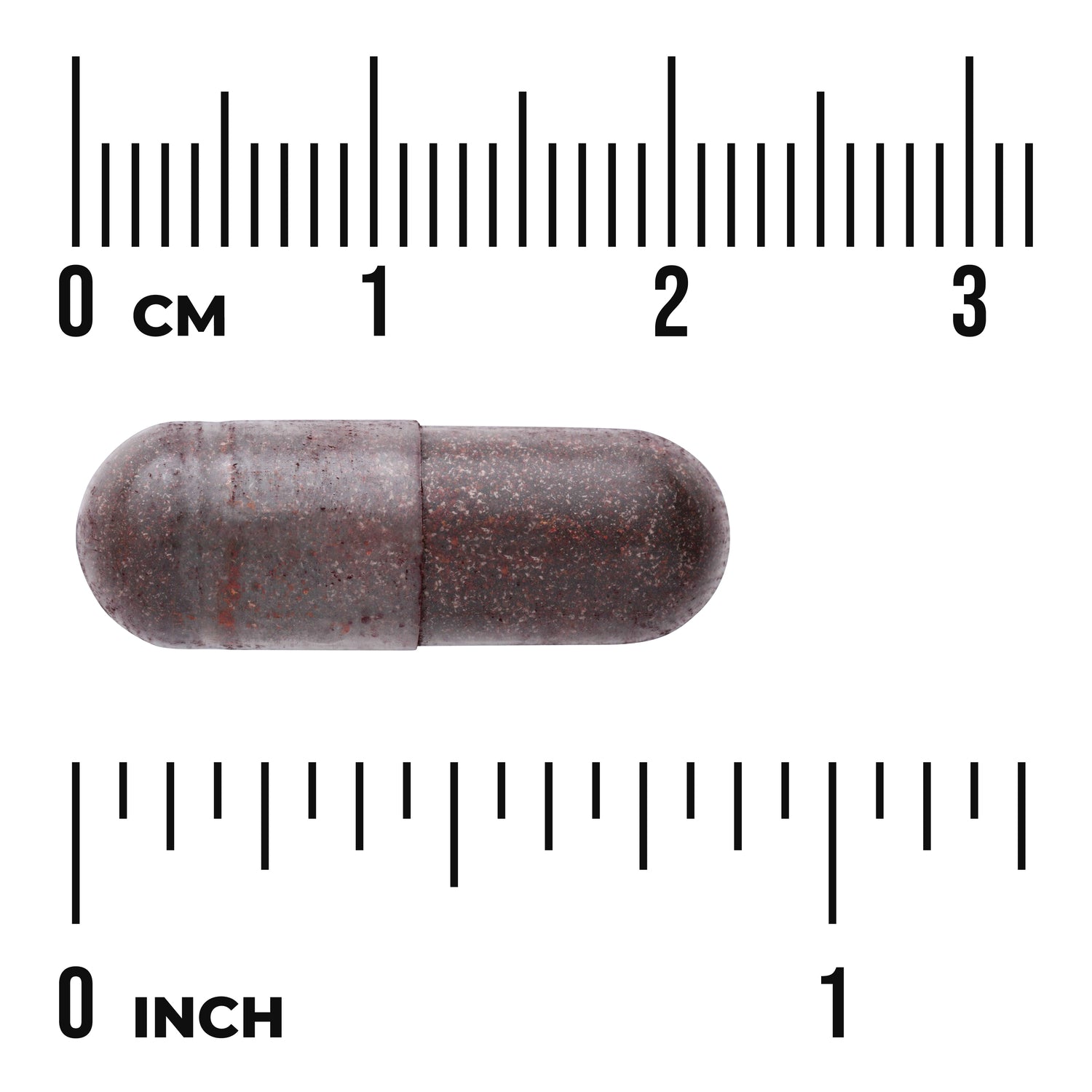 SWU915 | Brown speckled capsule between centimeter and inch rulers showing size; visible text "0 CM" and "0 INCH"