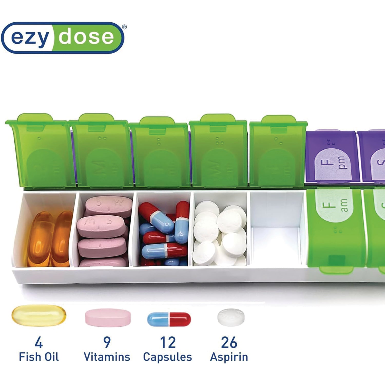 APP09 | ezy dose pill organizer with green lids; holds 4 Fish Oil, 9 Vitamins, 12 Capsules, 26 Aspirin