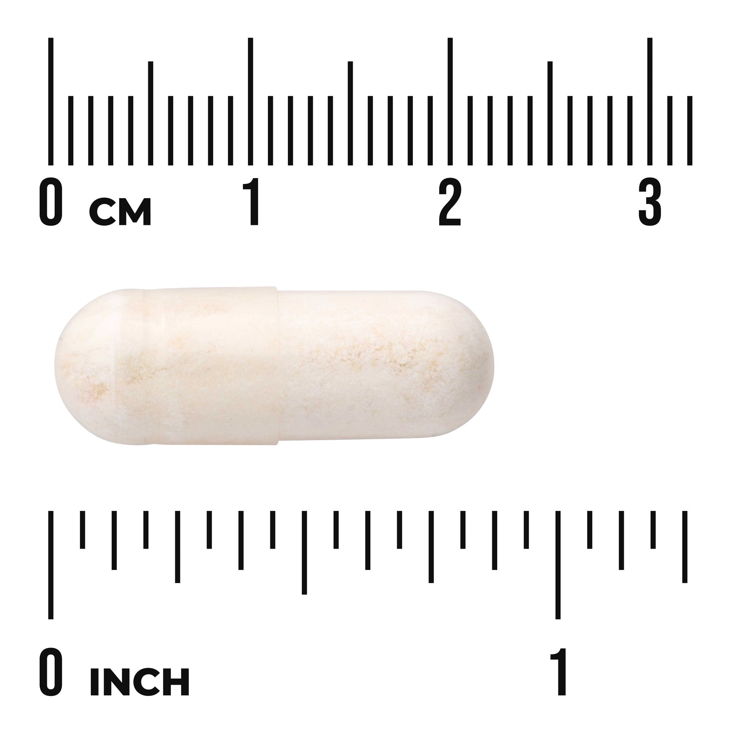 SWA044 | White oblong capsule next to centimeter and inch rulers showing about 2.5 cm length