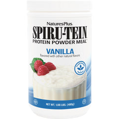 NTP097 | NaturesPlus SPIRU-TEIN protein powder meal vanilla container with raspberries and net wt 1.06 lbs