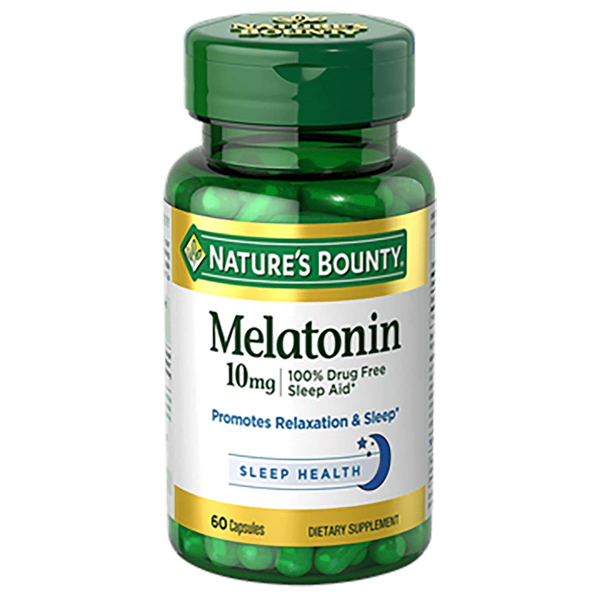NBY054 | Nature's Bounty Melatonin 10 mg bottle, 60 capsules, green cap and label Sleep Health