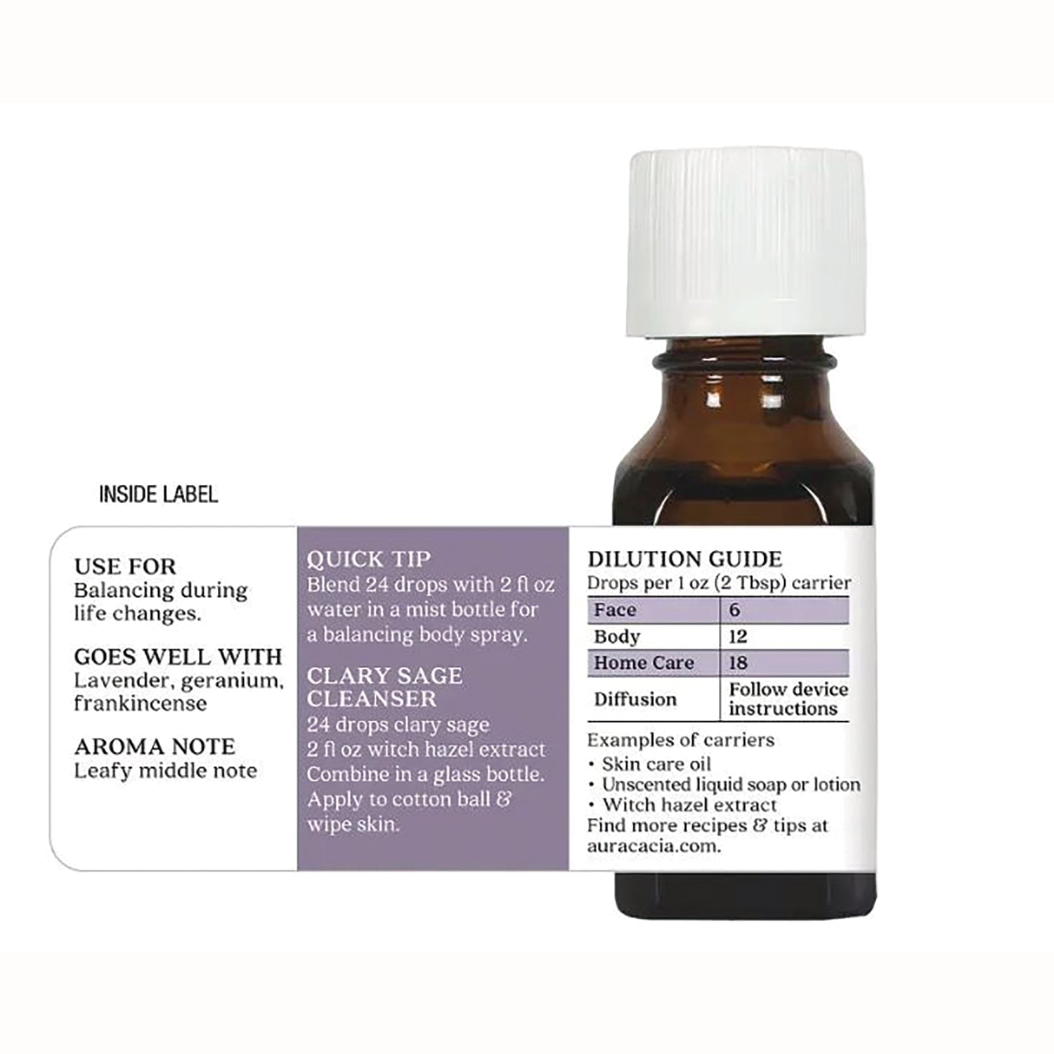 ARC031 | Back label of amber essential oil bottle showing dilution guide, quick tips, uses, and aroma pairings