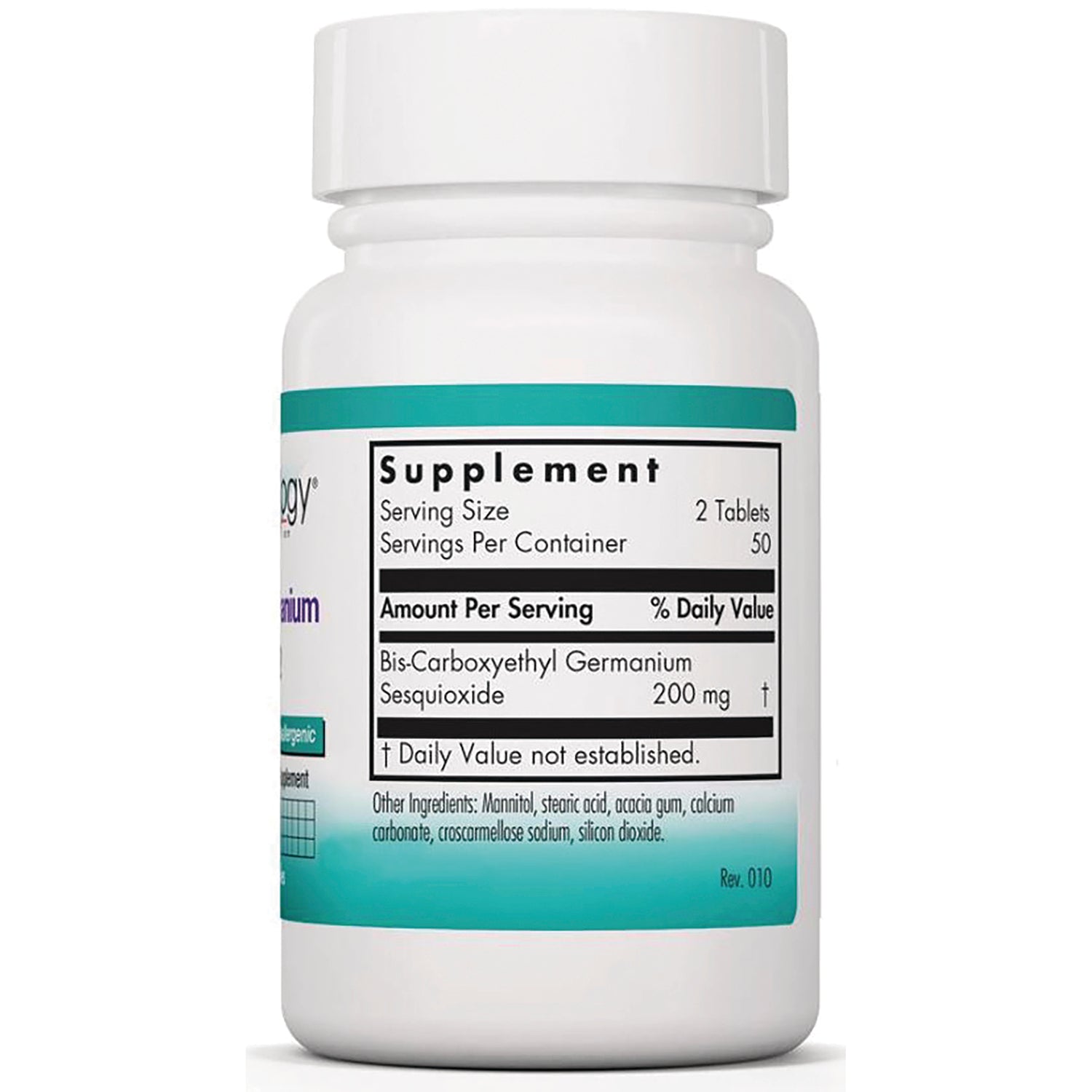 NCL100 | back label showing supplement facts, serving size 2 tablets, 50 servings, Bis-Carboxyethyl Germanium Sesquioxide 200 mg