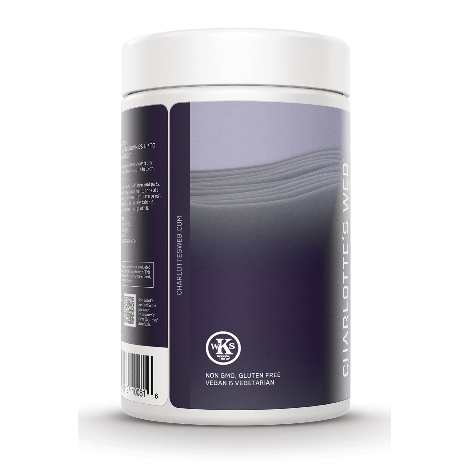 CHW046 | product infographic of a white jar side label with wavy purple design, barcode and packaging text NON GMO, GLUTEN FREE VEGAN & VEGETARIAN