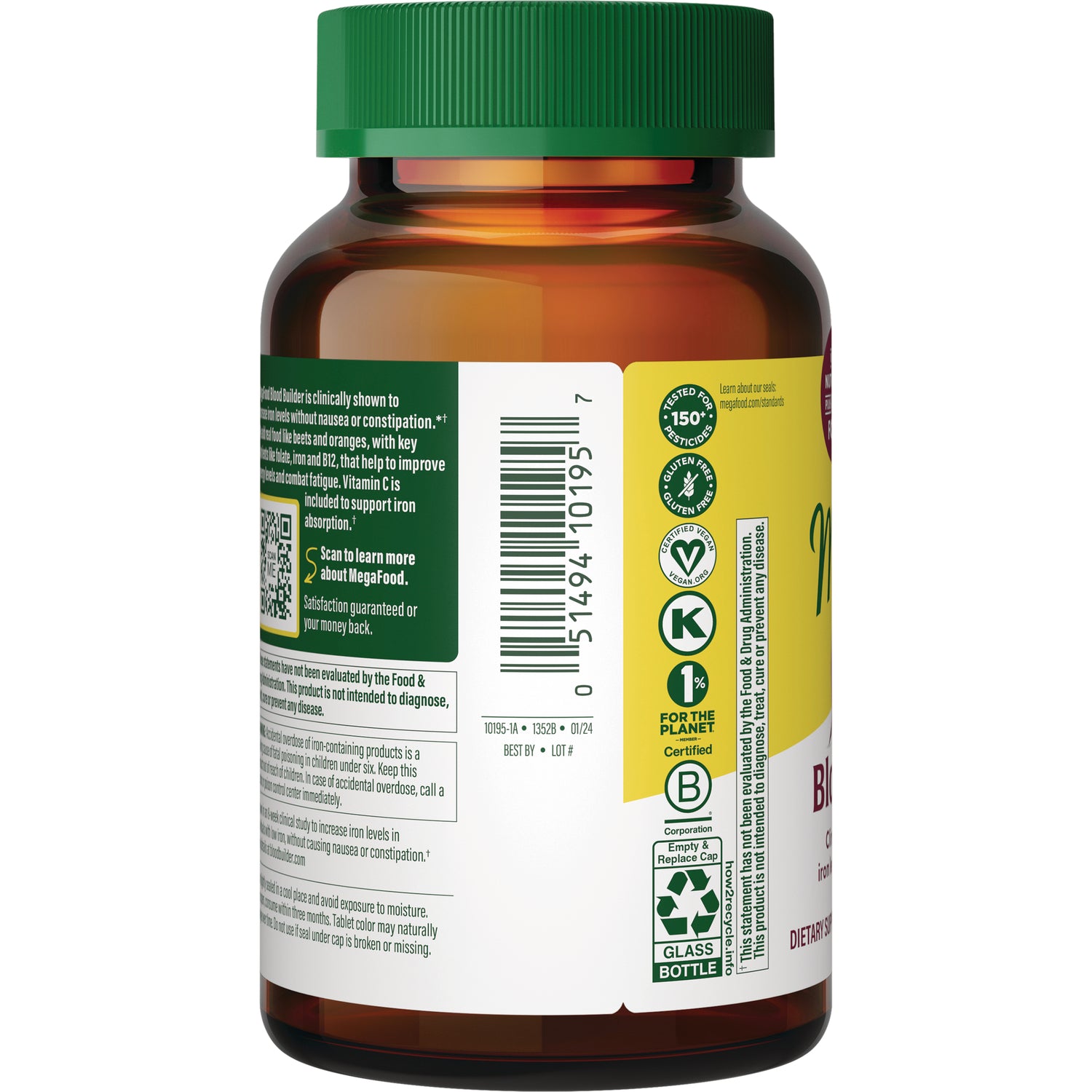 MGF002 | Back of amber supplement bottle showing barcode, certification icons, and ingredient and warning text