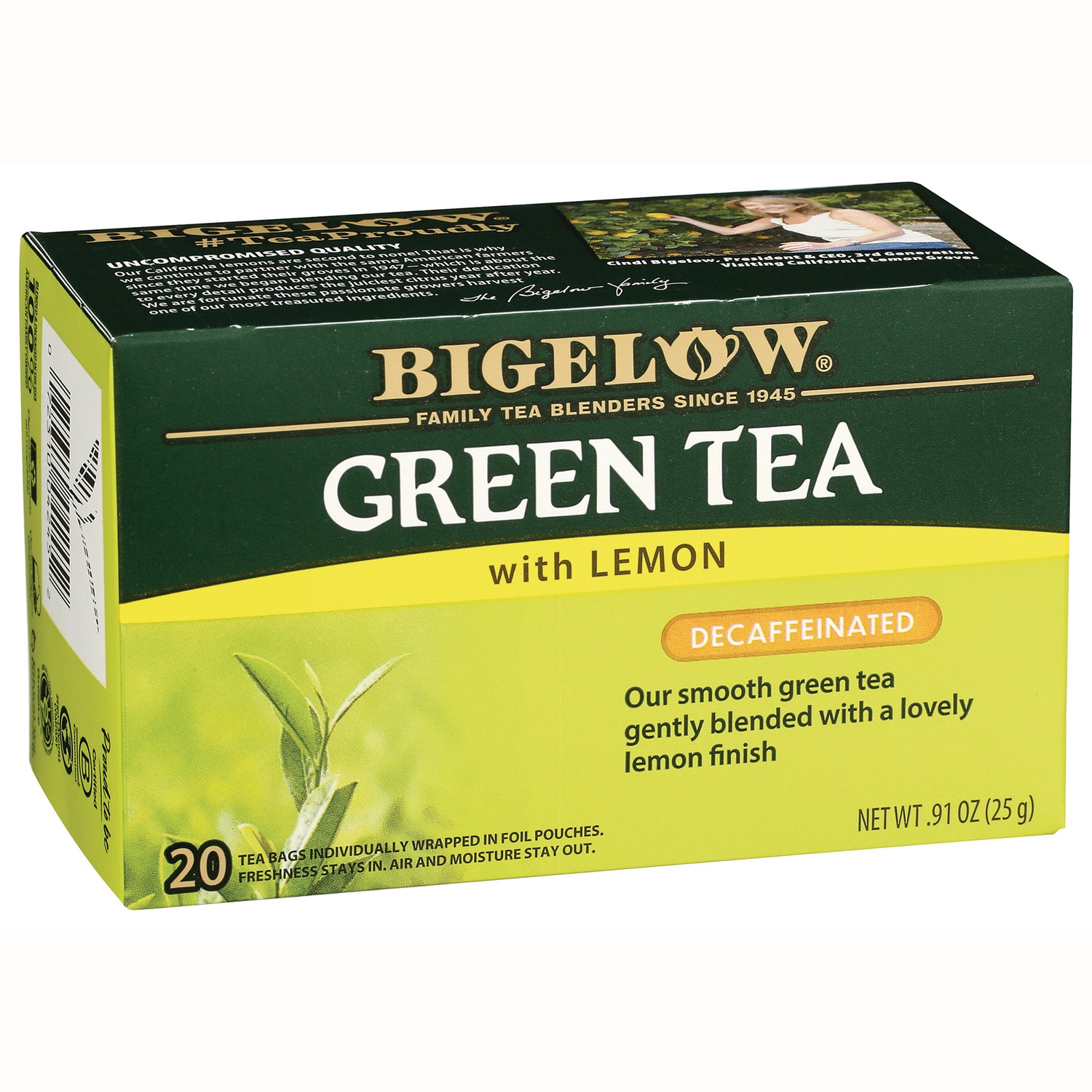 BGT012 | Box of Bigelow Green Tea with Lemon decaffeinated, 20 tea bags front packaging