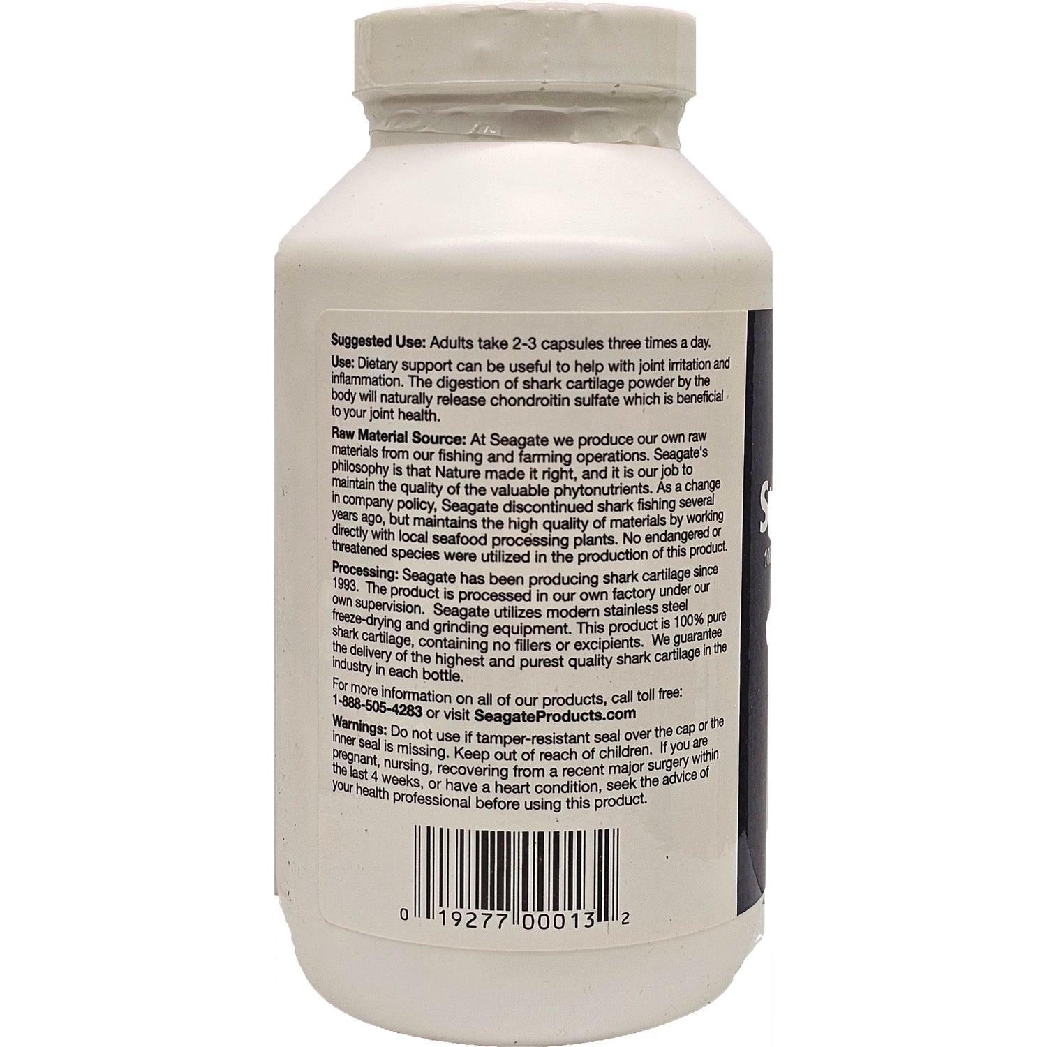 Back label of white supplement bottle showing suggested use, processing and warnings text and barcode