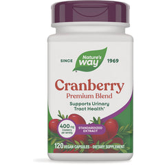 NW758 | Nature's Way Cranberry Premium Blend bottle front label, 120 vegan capsules, supports urinary tract health, 400 mg per serving