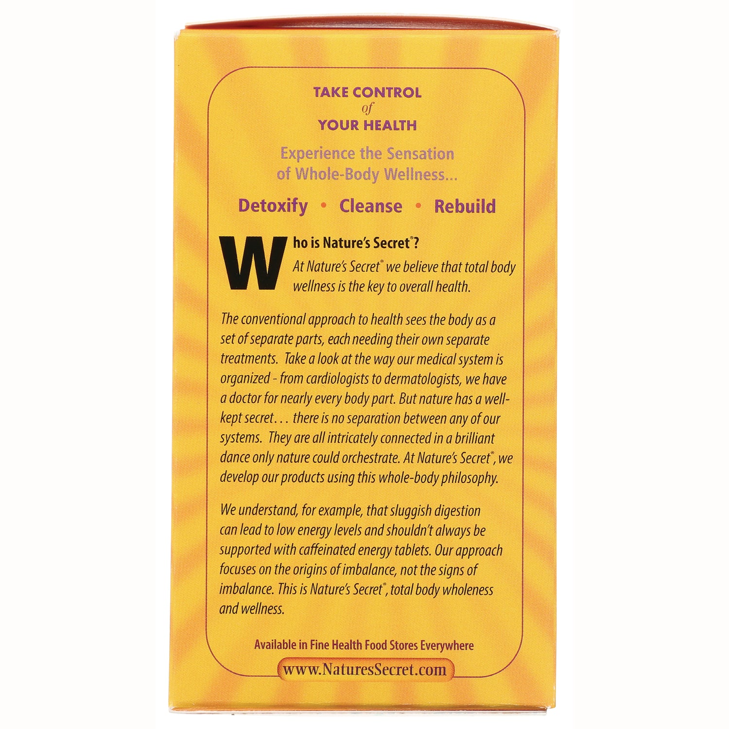 NTS25 | back panel of yellow box with product description Detoxify  Cleanse  Rebuild and website NaturesSecret.com