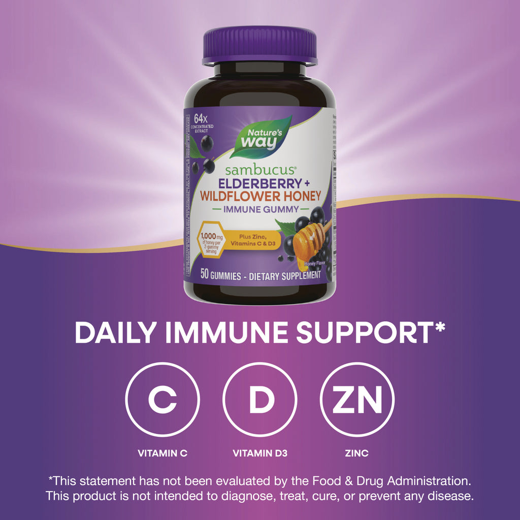 NW1074 | Nature's Way Sambucus elderberry and wildflower honey immune gummy bottle on purple infographic highlighting vitamin C, D3, zinc - Thumbnail