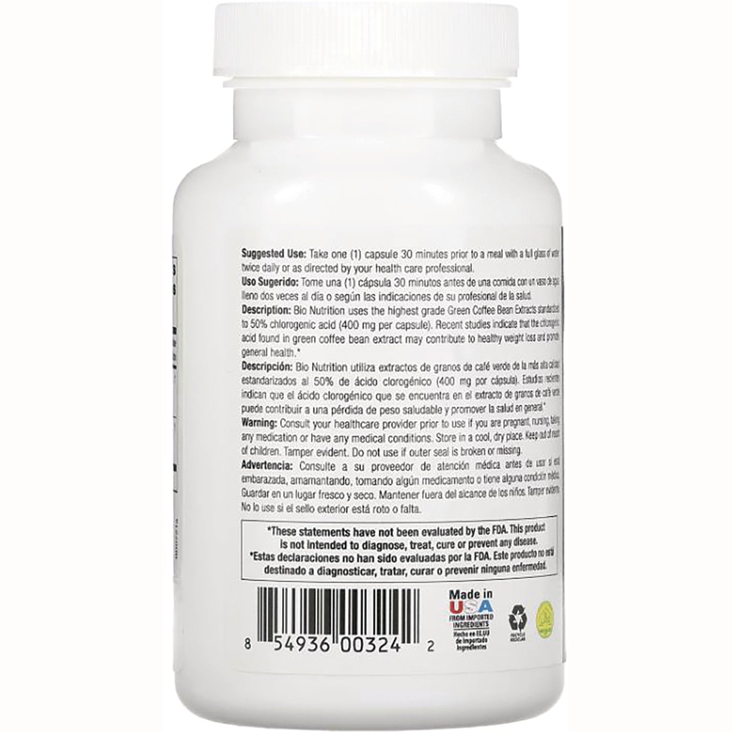BNN012 | Back label of white supplement bottle showing suggested use, warnings, and barcode