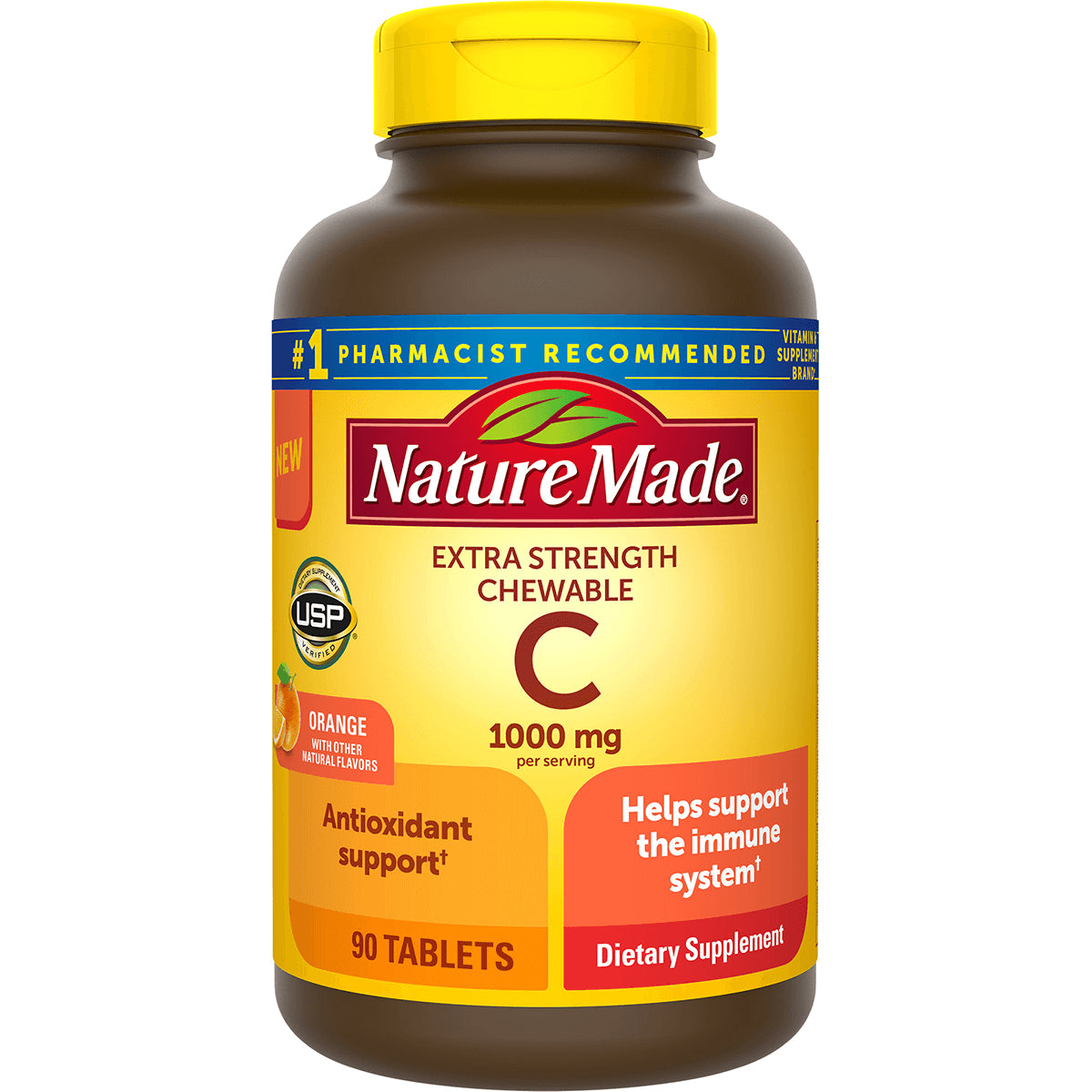 NTM112 | Nature Made Extra Strength chewable Vitamin C 1000 mg bottle, 90 tablets, orange