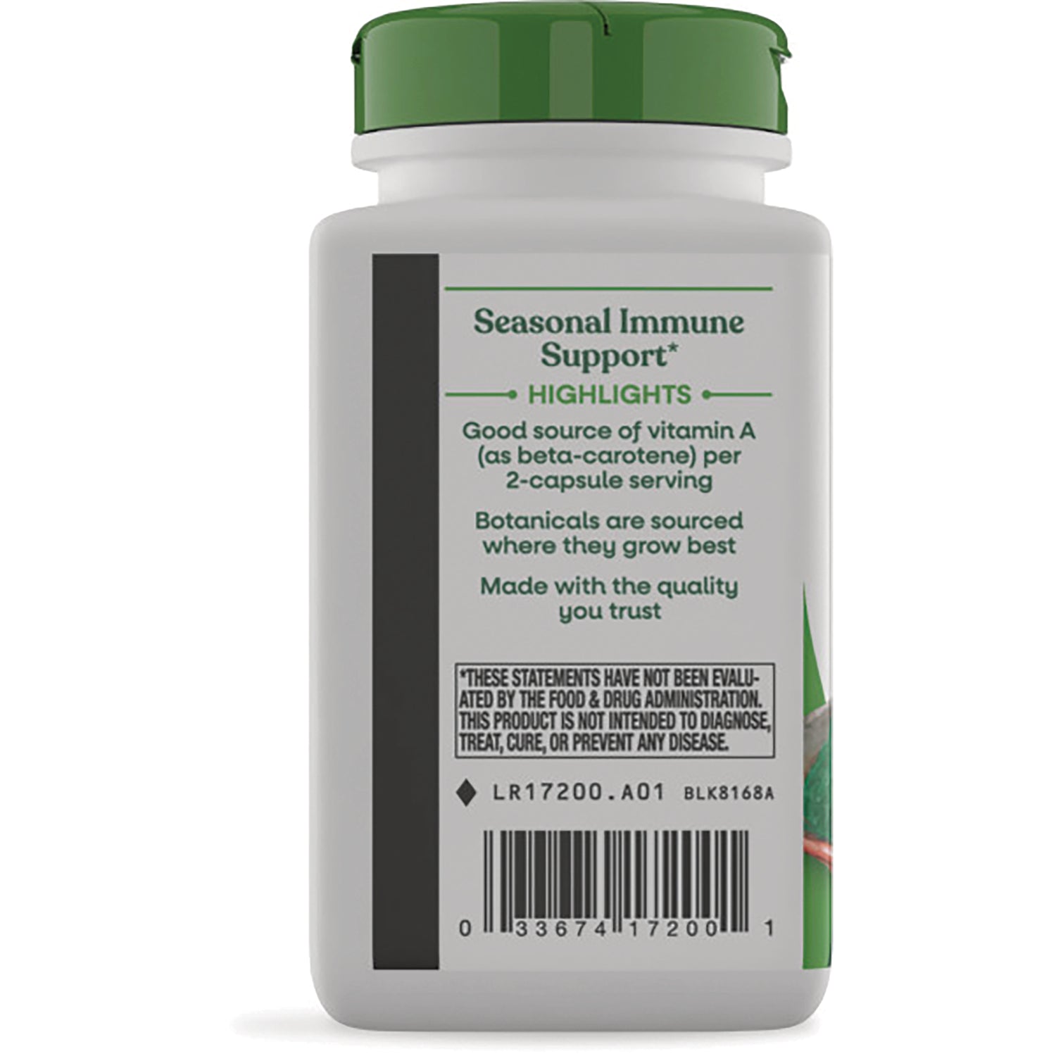 NW169 | white supplement bottle showing Seasonal Immune Support highlights text, barcode, and product details on back label