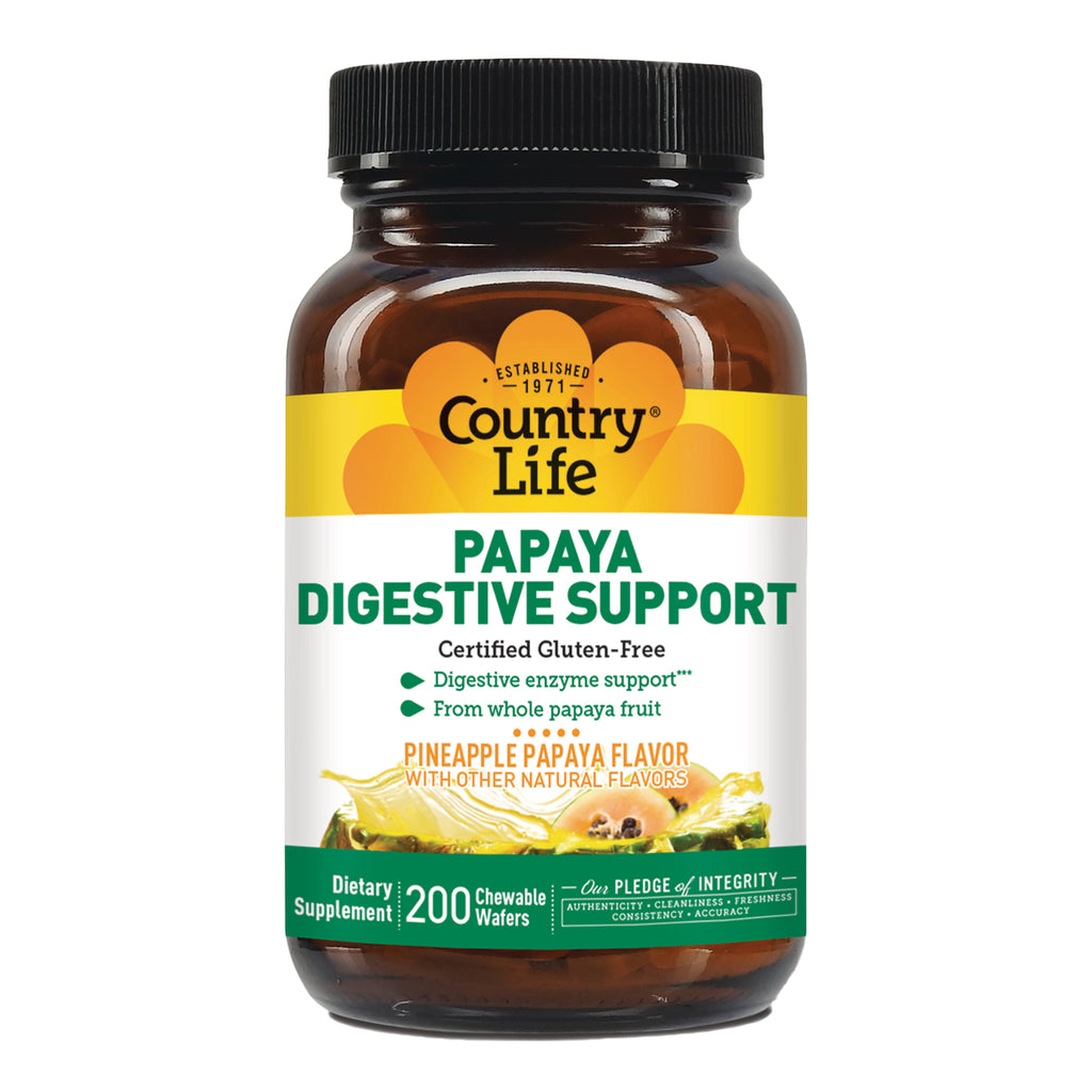 CRL644 | Country Life Papaya Digestive Support pineapple papaya flavor dietary supplement bottle, 200 chewable wafers - Thumbnail