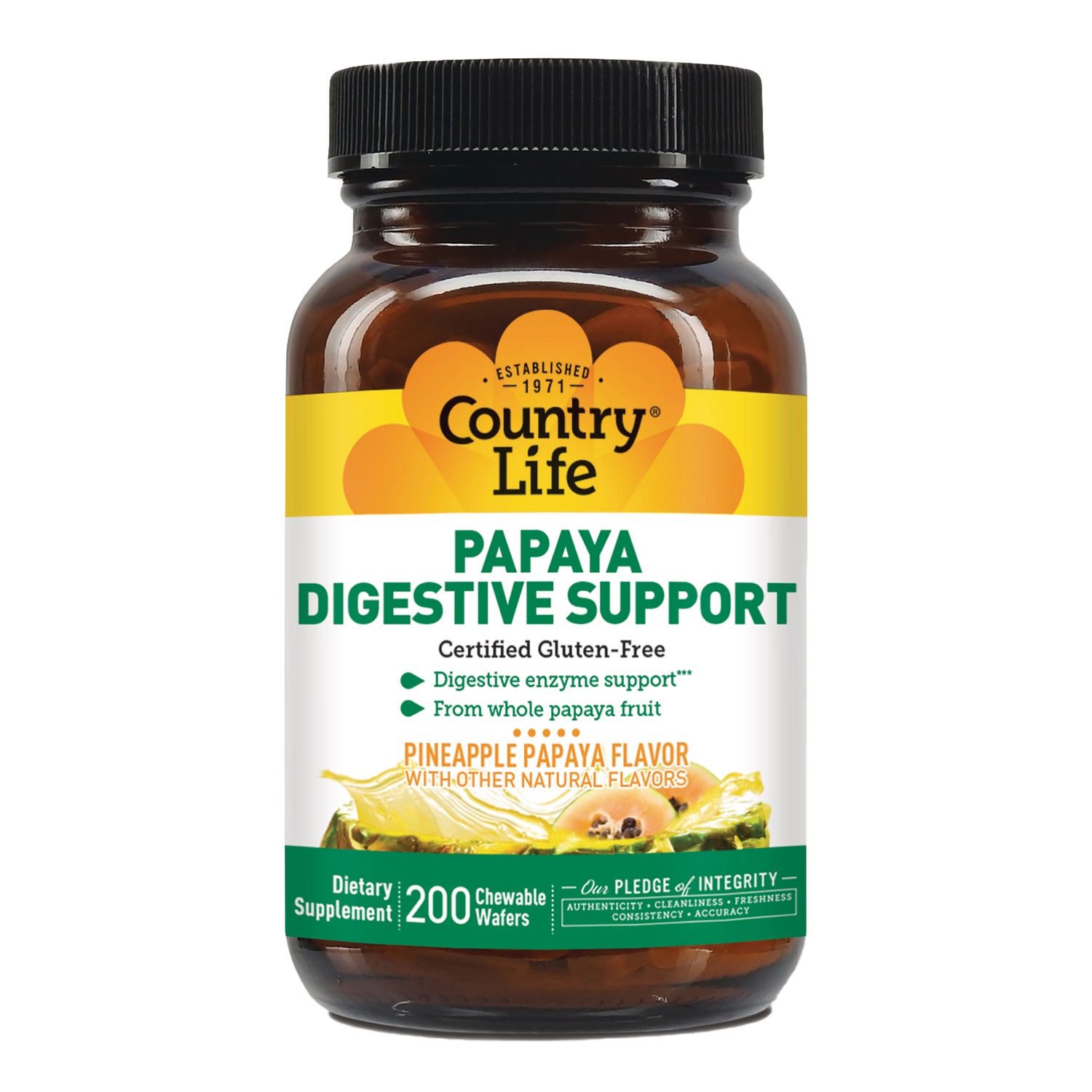 CRL644 | Country Life Papaya Digestive Support pineapple papaya flavor dietary supplement bottle, 200 chewable wafers