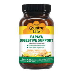 CRL644 | Country Life Papaya Digestive Support pineapple papaya flavor dietary supplement bottle, 200 chewable wafers