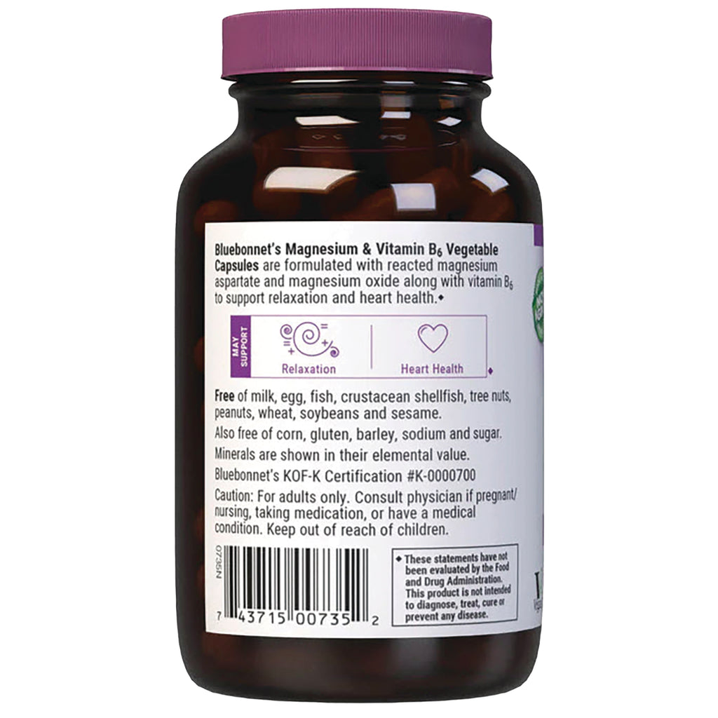 BLU099 | Back label of brown bottle for Magnesium & Vitamin B6 showing ingredient and allergen information and barcode - Thumbnail