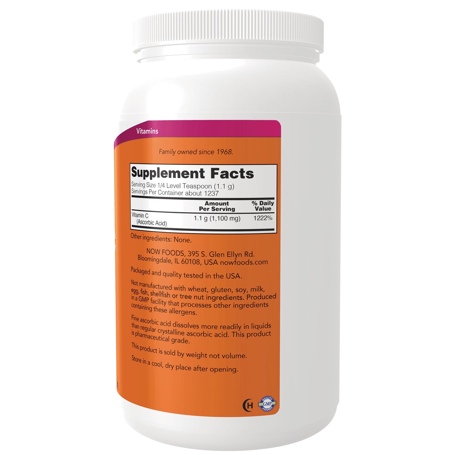 NWF1244 | Back label showing Supplement Facts panel and ingredient text on orange label of white supplement jar