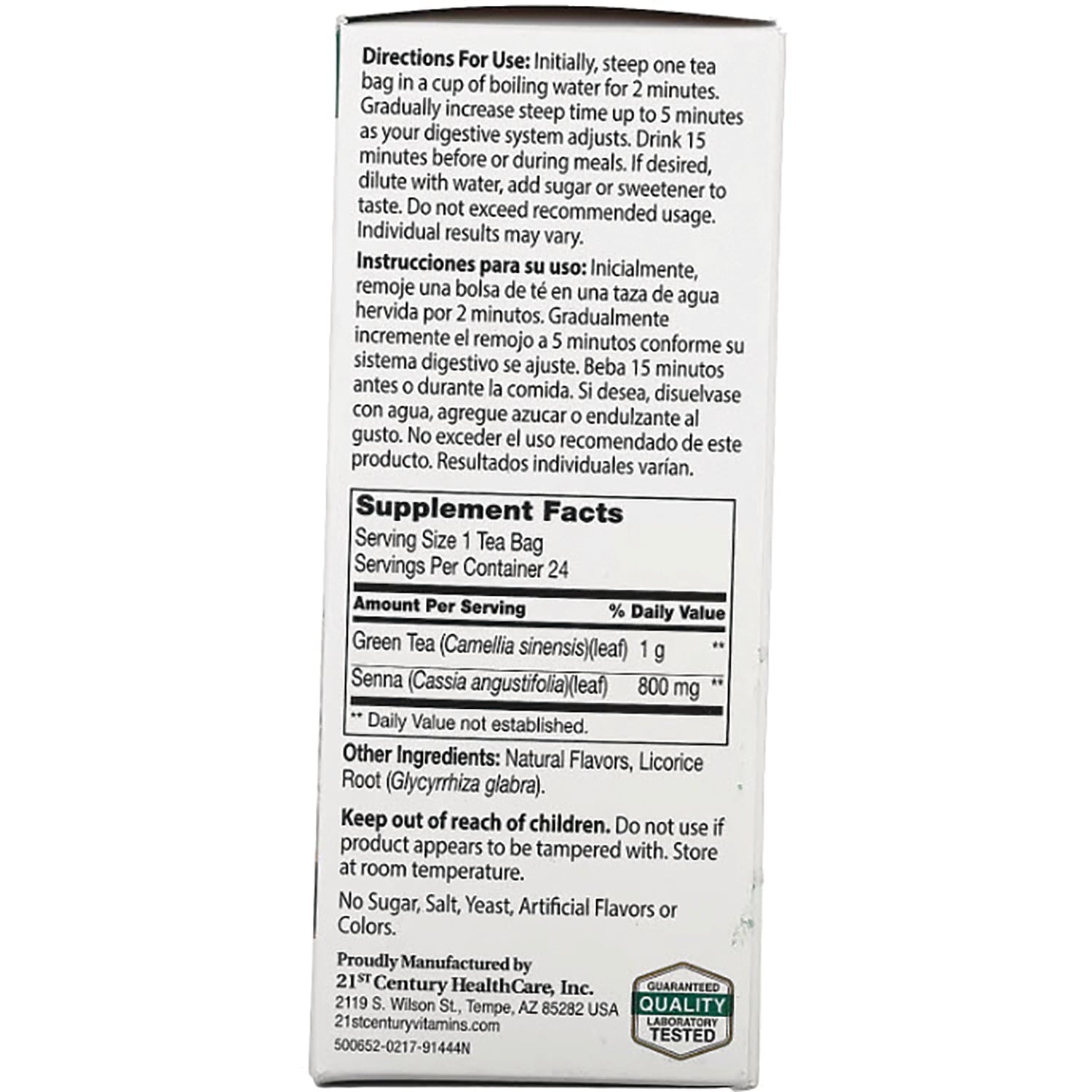CNT149 | Back panel with directions, supplement facts showing Green Tea 1 g and Senna 800 mg, other ingredients and warnings
