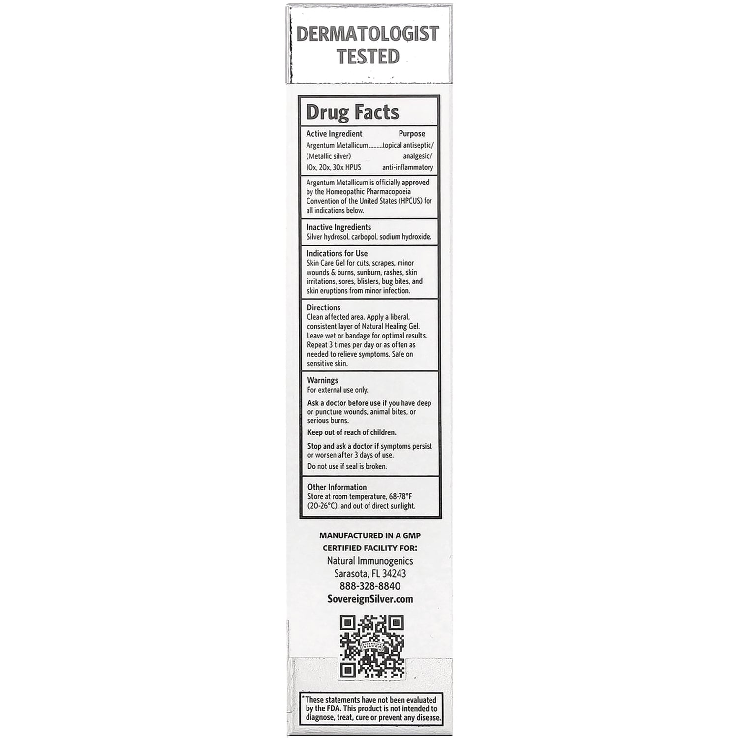 SSL015 | Back panel showing Drug Facts, directions, warnings, and manufacturer info; text includes Dermatologist Tested