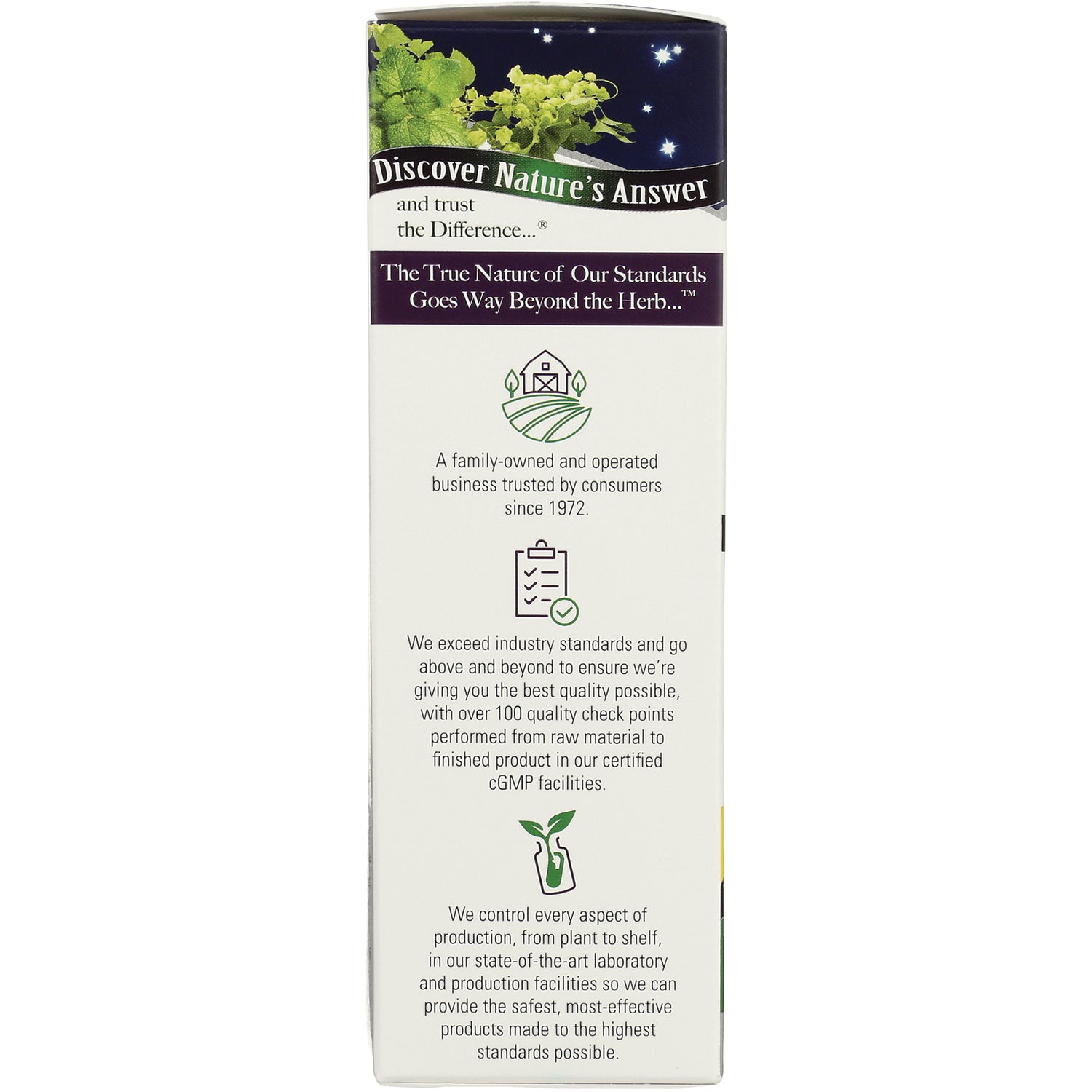 NAT414 | product infographic side panel stating Discover Nature's Answer, family-owned since 1972 and quality control details