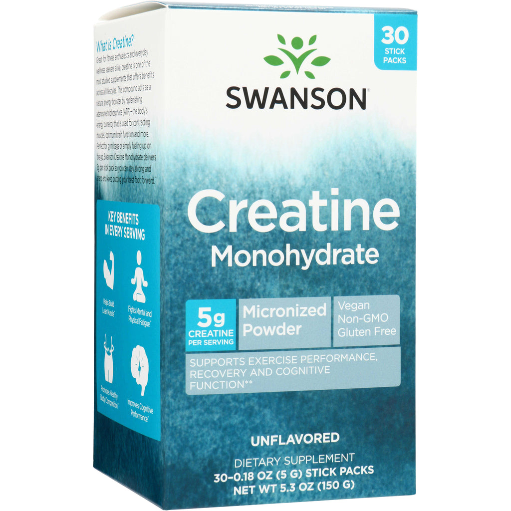 SW1967 | Swanson Creatine Monohydrate box front, Micronized Powder, 5 g per serving, 30 stick packs, Unflavored - Thumbnail