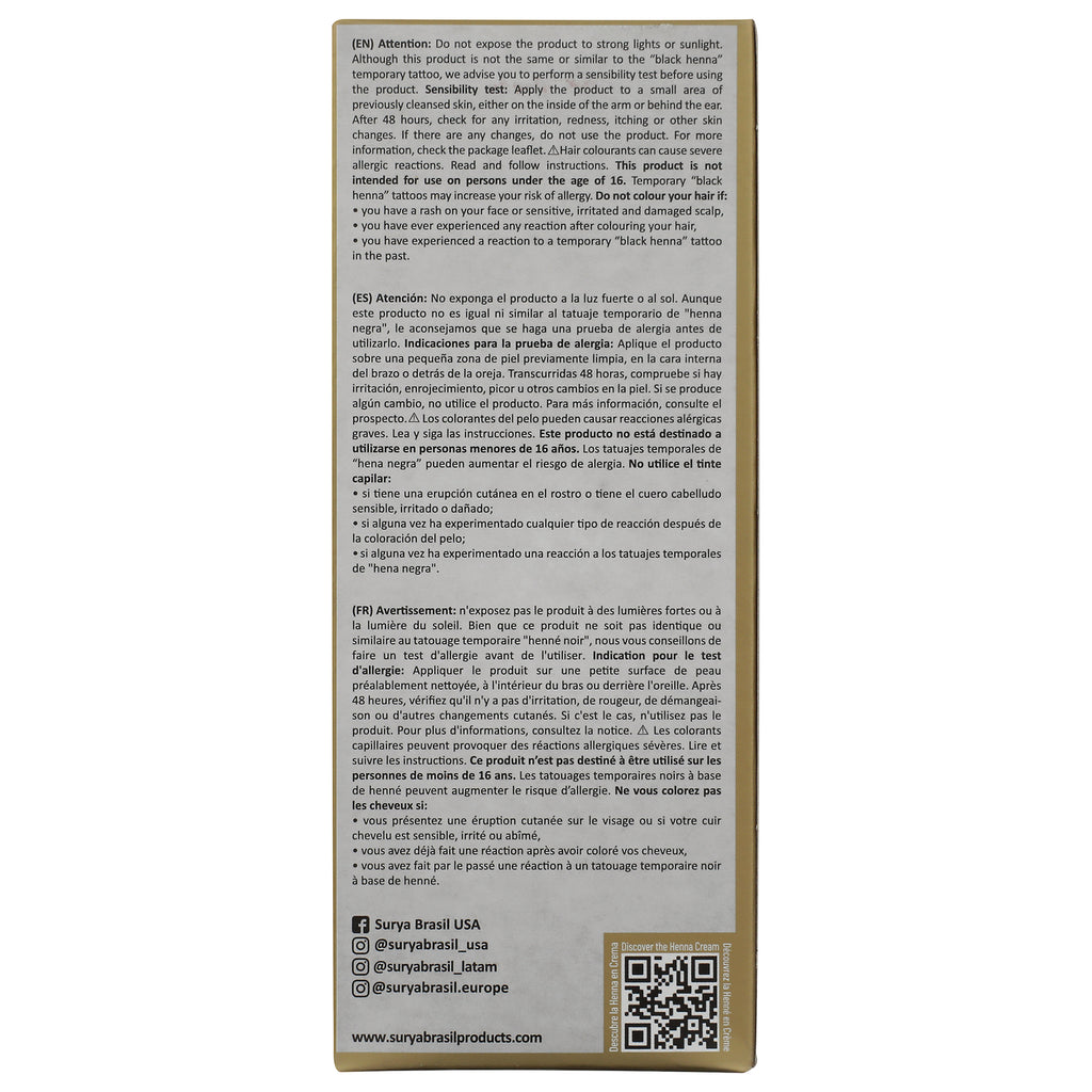 SUR021 | Back panel with warnings and instructions in EN/ES/FR, Surya Brasil USA social handles, and QR code - Thumbnail