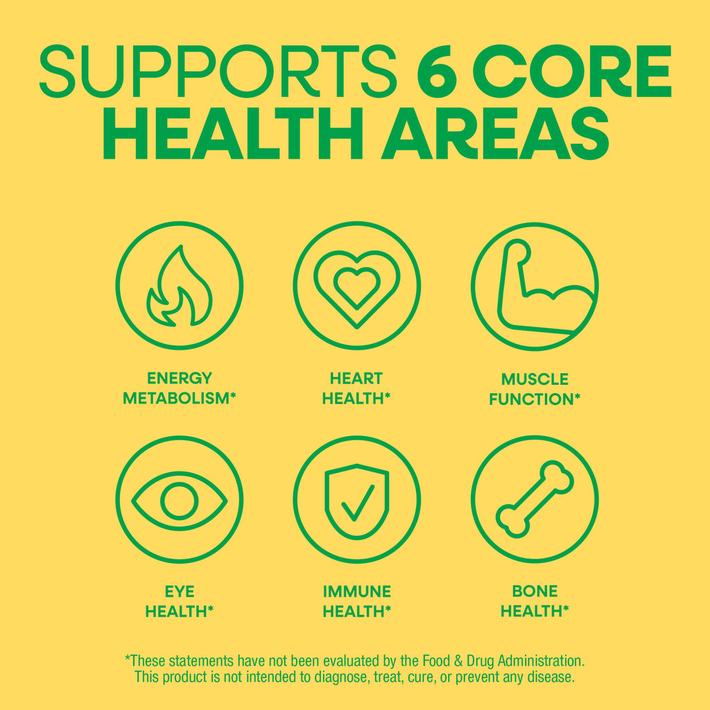 NW707 | Supports 6 core health areas infographic with icons for energy, heart, muscle, eye, immune, and bone health - Thumbnail