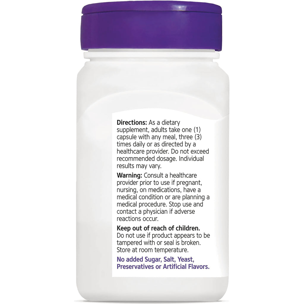 CNT056 | Back of white supplement bottle with purple cap showing directions, warnings, and statement No added Sugar, Salt, Yeast, Preservatives or Artificial Flavors - Thumbnail