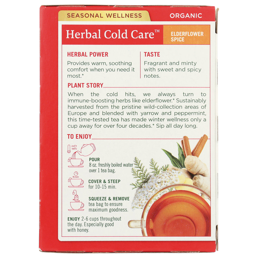 TMD034 | Herbal Cold Care Elderflower Spice tea box back with benefits, plant story, and brewing directions - Thumbnail