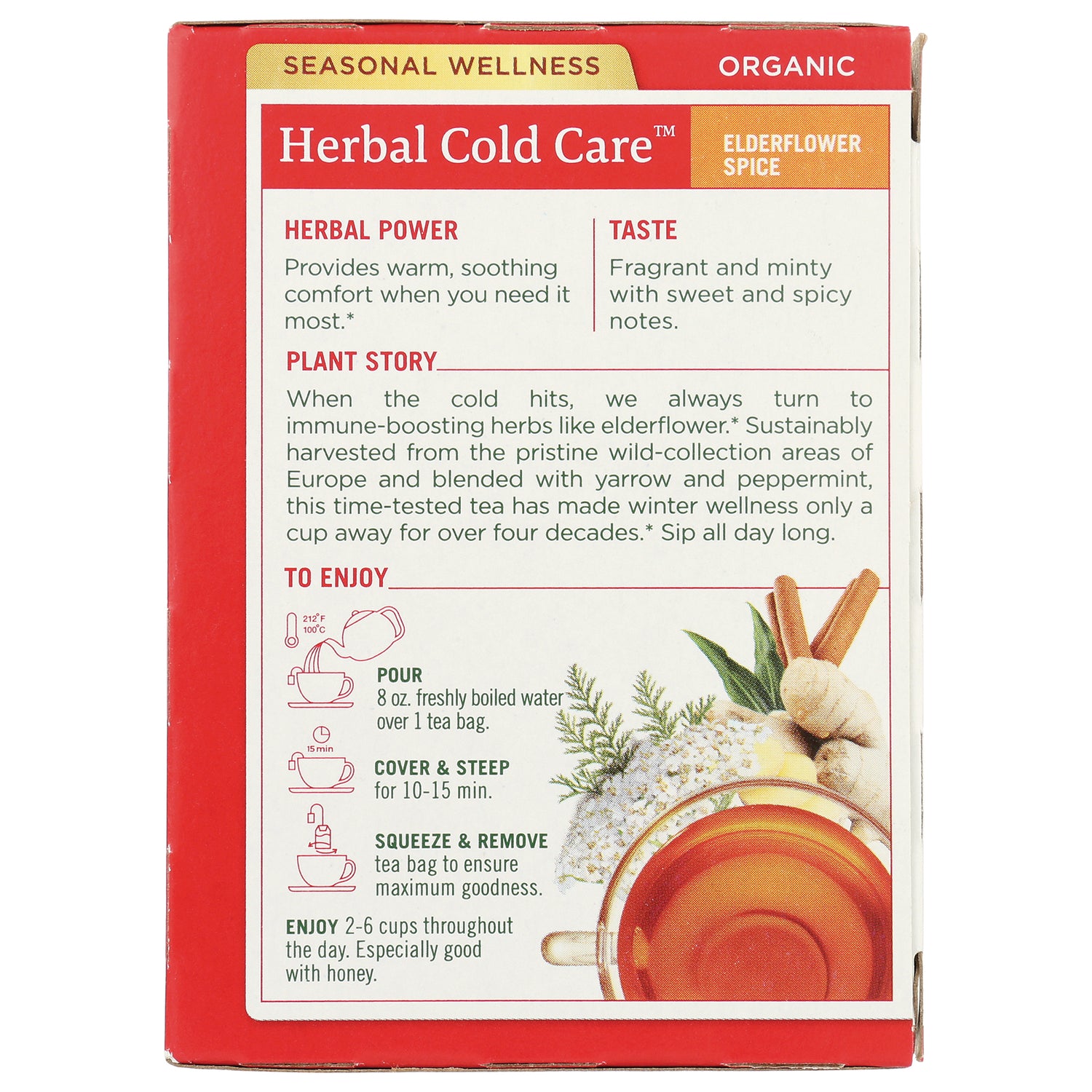 TMD034 | Herbal Cold Care Elderflower Spice tea box back with benefits, plant story, and brewing directions