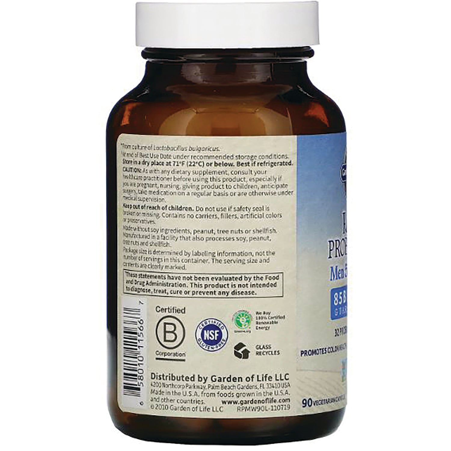 GLF131 | Back label of amber supplement bottle showing ingredients, warnings, barcode and certification logos