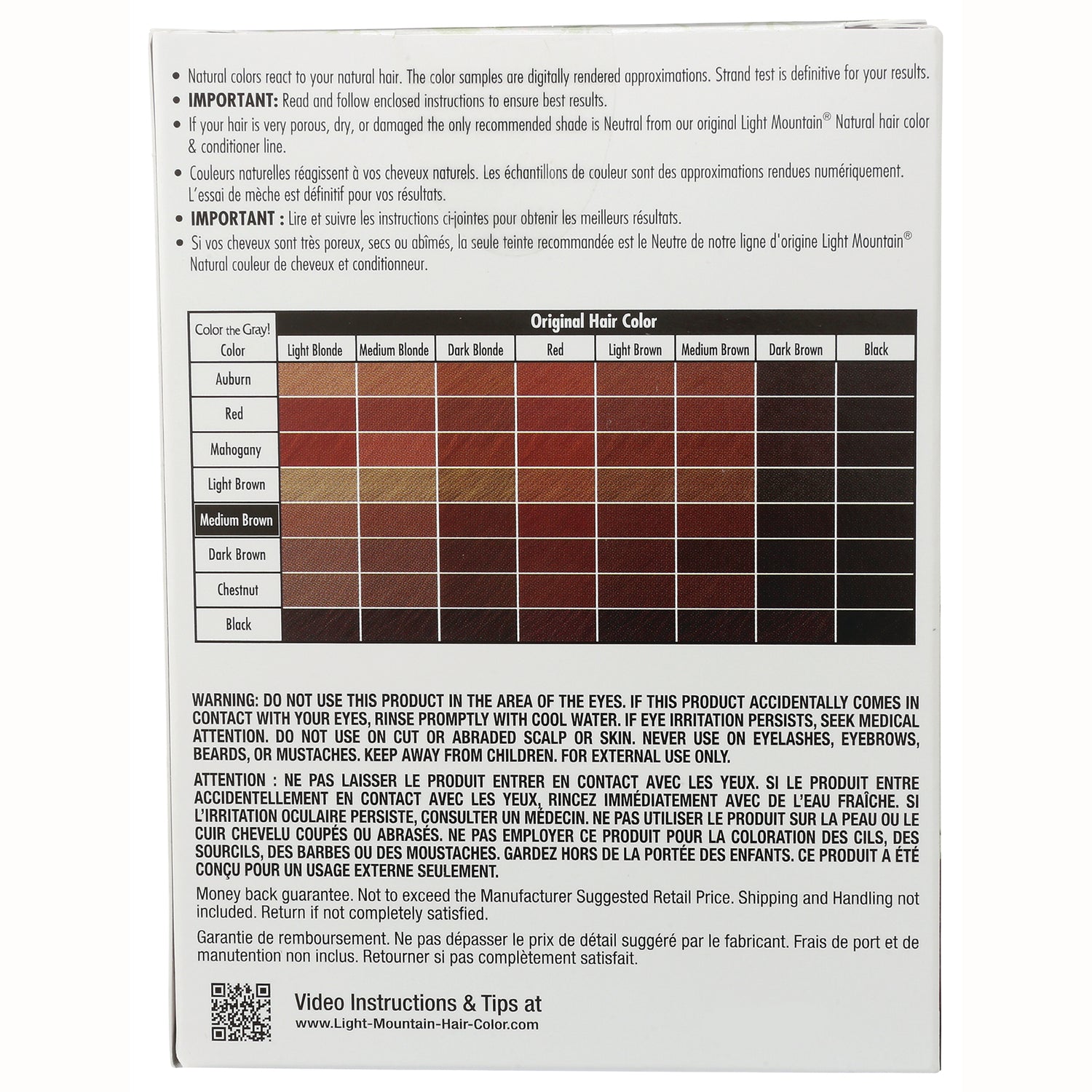 LTM005 | product infographic with hair color swatch chart and warning text on packaging