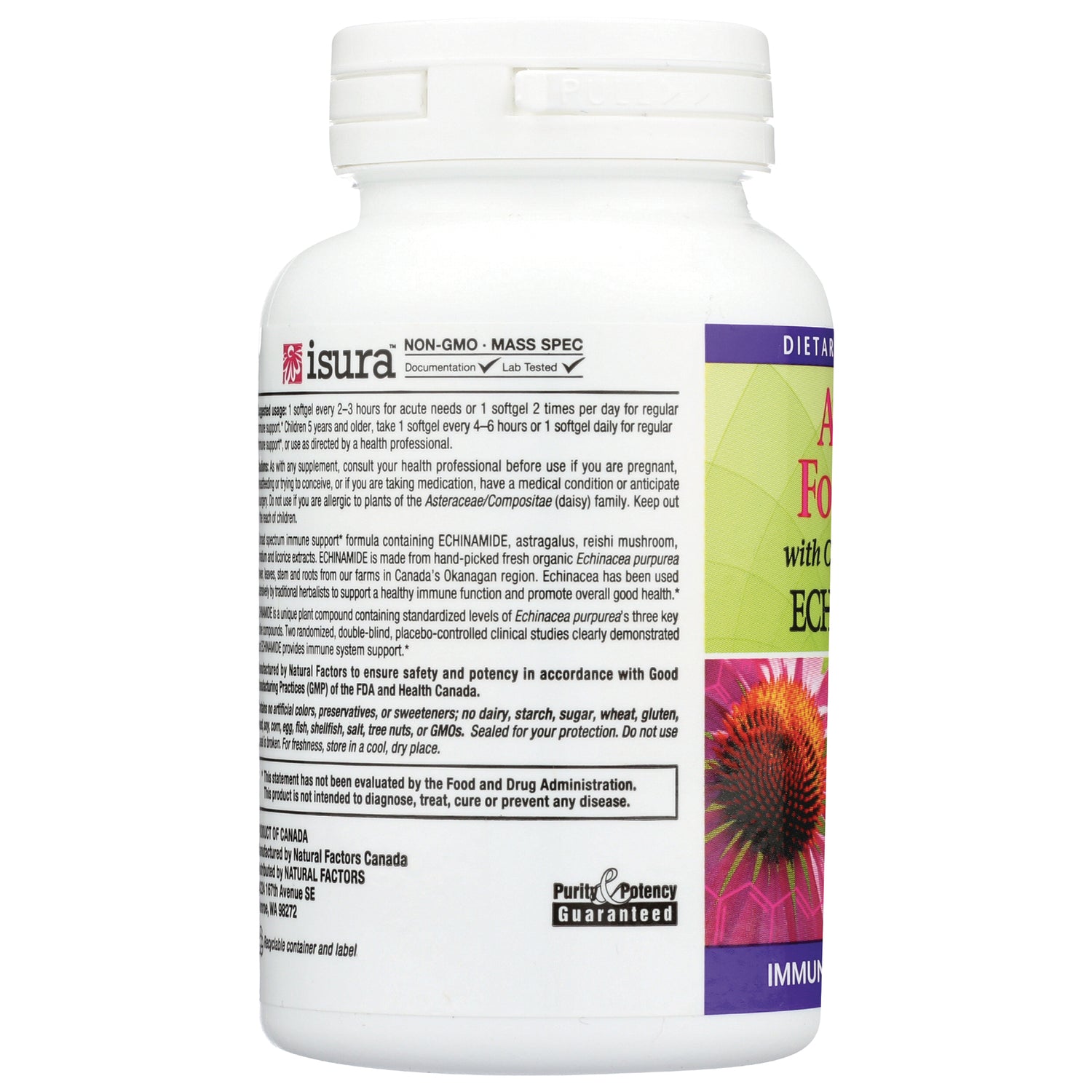 NFC105 | back label of white supplement bottle showing ingredients, directions, warnings and a small echinacea image