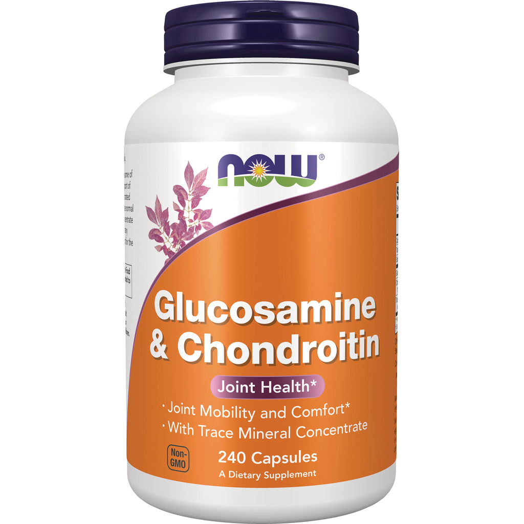 NWF398 | NOW Glucosamine & Chondroitin 240 capsules white bottle with orange label and purple cap - Thumbnail