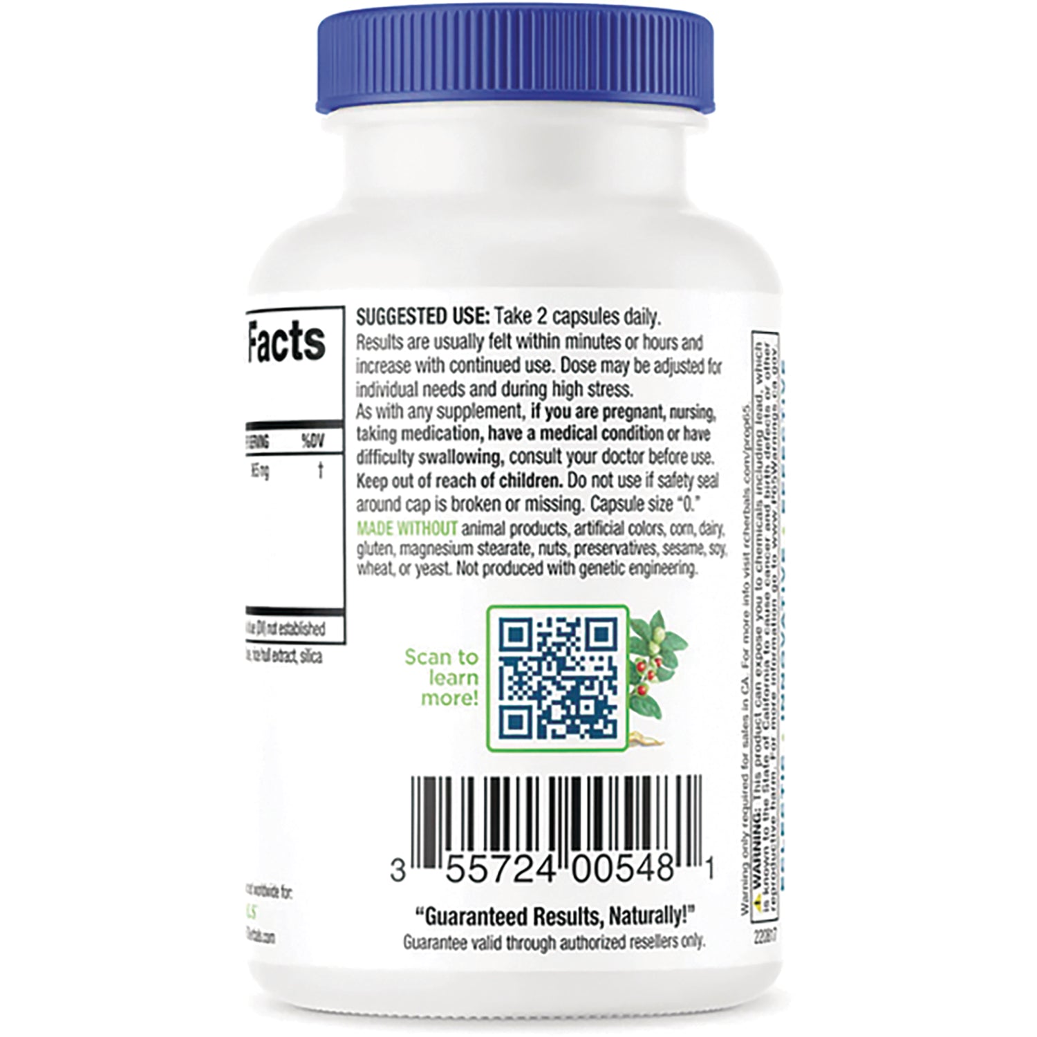 PH066 | Back of white supplement bottle with blue cap showing suggested use text, QR code, and barcode